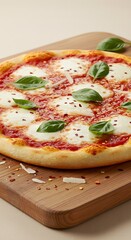 Fresh Margherita pizza on a cutting board with parmesan and chili flakes sprinkled around, ready to be served