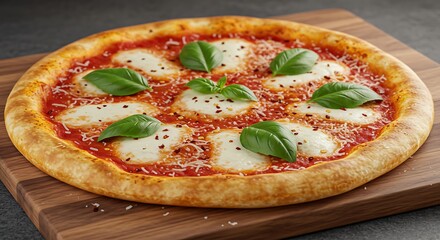Fresh Margherita pizza on a cutting board with parmesan and chili flakes sprinkled around, ready to be served