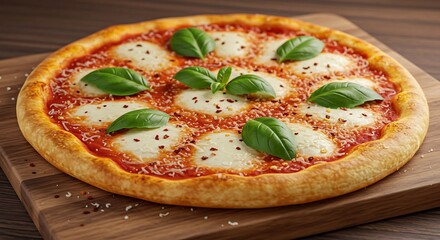 Fresh Margherita pizza on a cutting board with parmesan and chili flakes sprinkled around, ready to be served