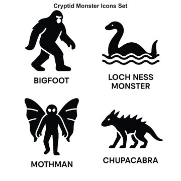 Cryptid Monster Icons Set &ndash; Bigfoot, Loch Ness, Mothman, Chupacabra in Modern Line Art