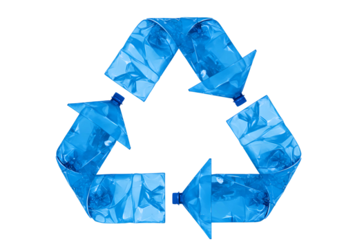Blue plastic bottles recycling symbol isolated on transparent background
