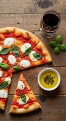 Top view of a sliced Margherita pizza served with olive oil and a glass of red wine on a rustic table