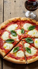 Top view of a sliced Margherita pizza served with olive oil and a glass of red wine on a rustic table