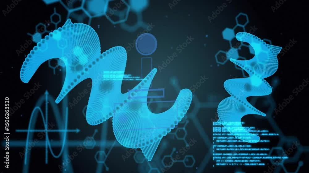 Poster blue 3d ribbon pulsing from left starting code scrolling and icon fading oscillating for data flow