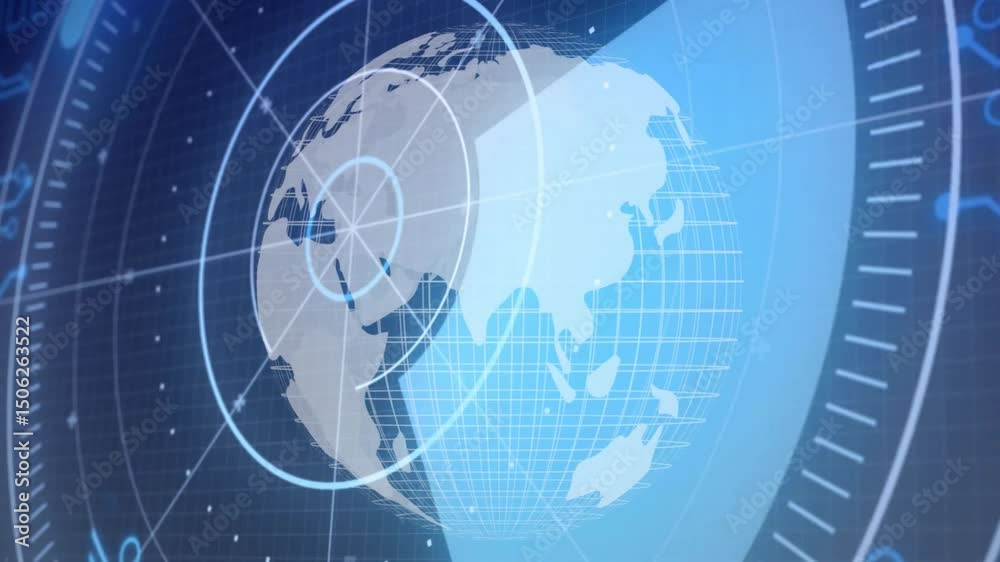 Poster globe appearing in digital scene rotating rings pulsing spotlight projecting gridlines showing data