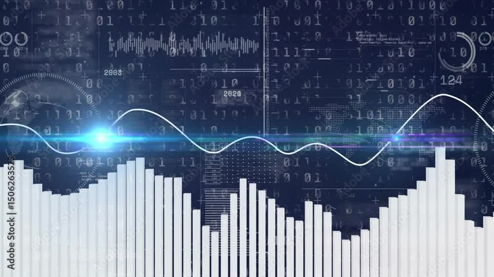 Poster on start bars fluctuating to represent audio data over binary as blue flare accenting visualization