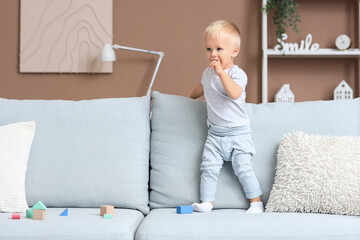 Cute baby boy with toys on sofa at home