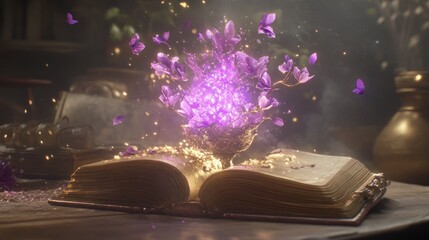 Enchanting mystical book with glowing flowers