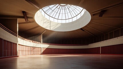 Spacious interior arena with sunlight streaming through circular skylight