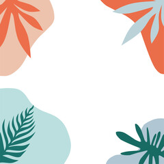 Tropical leaf frame background with flat colorful foliage on white space. Ideal for summer themes, invitations, posters