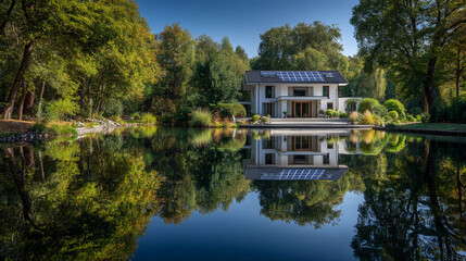 Fototapeta premium Modern house with solar panels surrounded by lush greenery