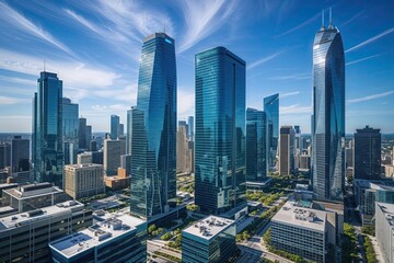 Modern Office Environment Surrounded by Dynamic Skyscrapers in Lively Urban Landscape Under Clear Blue Skies