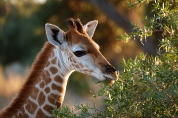 Obraz premium Graceful Giraffe Feeding on Leaves in Natural Habitat at Sunset