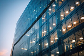 Obraz premium Modern Office Building Reflective Glass Facade with Illuminated Interior Details