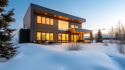 Sleek modern home with snowy landscape and warm interiors during winter time
