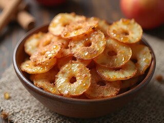 Gourmet Apple Cinnamon Chips: Elegant apple chips infused with cinnamon and a touch of honey, baked to perfection and arranged in a ceramic bowl for a cozy gourmet snack experience.