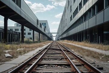 Fototapeta premium Abandoned Railway Track in Urban Landscape with Modern Architecture