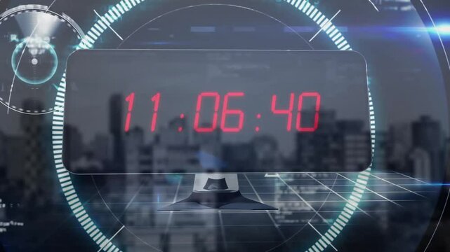Digital monitor updating every thirty mins and forming teal HUD ring for tech timeline reveal 2015