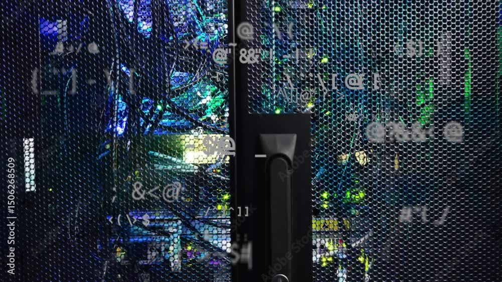 Poster on start server rack door receiving floating code symbols moving diagonally to show data flow