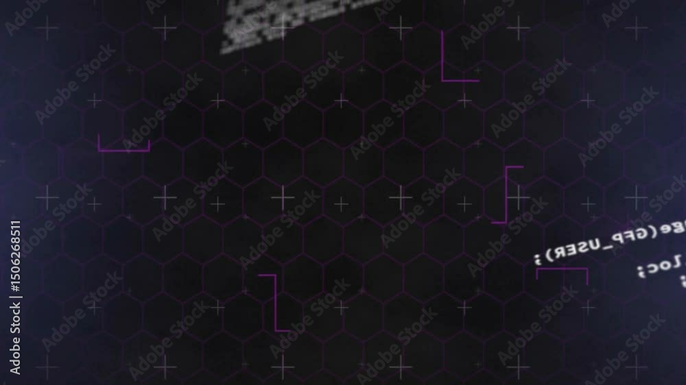 Poster looping code block reappearing at top, scrolling down with purple brackets on hex grid, fading out