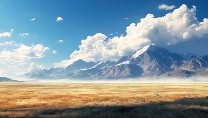 Vast mountain range, golden plain, fluffy clouds
