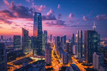 Fototapeta premium Stunning Nighttime City Skyline Showcasing Modern Urban Architecture