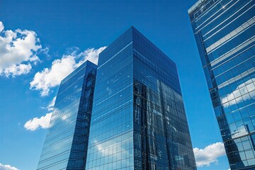 Fototapeta premium Modern Office Architecture Under Clear Blue Skies Showcasing Glass Facades Symbolizing Corporate Growth and Financial Success