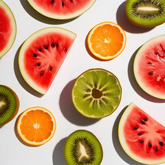Naklejka premium A healthy set of fresh fruits includes sweet orange slices, juicy red strawberry, and a green kiwi, providing essential vitamins for a balanced diet