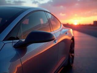 Obraz premium A sleek electric car’s side mirror and window panel reflecting a futuristic cityscape at sunset