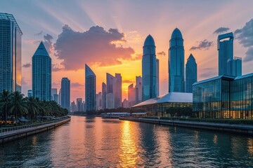 Fototapeta premium Tranquil Sunrise Over Captivating Skyline and Modern Glass Building by Canal in Southeast Asia