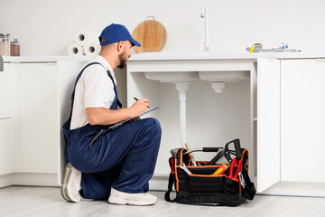 Male plumber with clipboard near sink in kitchen