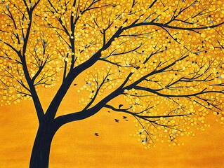 Yellow leaves scattered under branches against amber sky