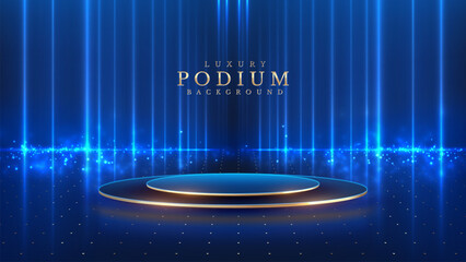 Empty podium golden on blue background with light neon effects with bokeh decorations. Luxury scene design concept. Vector illustrations. © witsanu