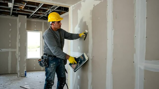 Drywall Finishing: Construction Worker Applying Joint Compound