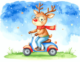 Adorable Reindeer Riding a Scooter with a Red Scarf, Whimsical Winter Adventure, watercolor illustration