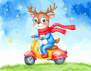 Adorable Reindeer Riding a Scooter with a Red Scarf, Whimsical Winter Adventure, watercolor illustration