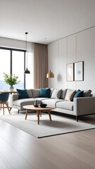 Fototapeta premium Modern living room with cozy sectional sofa with decor, and and natural light.