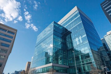 Obraz premium Modern Urban Office Building Under Bright Blue Sky Showcasing Polished Glass Facades and Corporate Environment