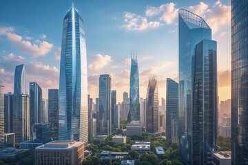 Glittering Skyscrapers and Modern Office Buildings in Urban Landscapes