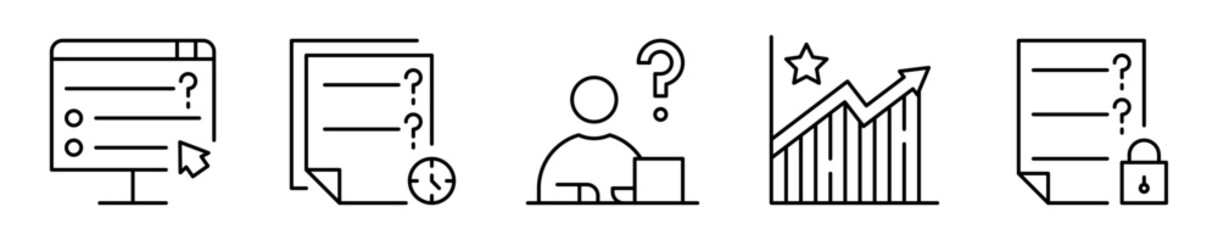 Conjunto de iconos de evaluaciones online. Pruebas, resultados. Examen interactivo, control con tiempo, estudiante evaluado, desempeño destacado, respuestas protegidas. Ilustración vectorial