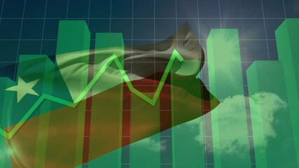 Chile flag waving on 3D grid starting bars rising and line chart climbing, illustrating data growth - Powered by Adobe