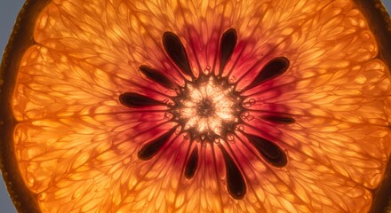 Close-Up Backlit Grapefruit Slice Showing Detailed Texture and Seeds