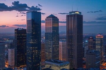 Naklejka premium Majestic Corporate Skyscrapers at Dusk Overlooking Urban Skyline
