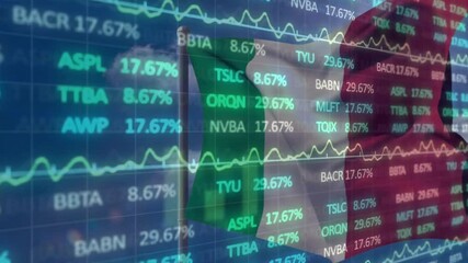 Italian flag waving under clear sky, stock overlay fading in and updating to show market shifts - Powered by Adobe