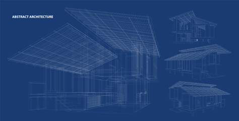 Perspective 3D render of building wireframe - Vector illustration 