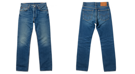 Isolated Front and Back View of Denim Jeans Against Transparent Background
