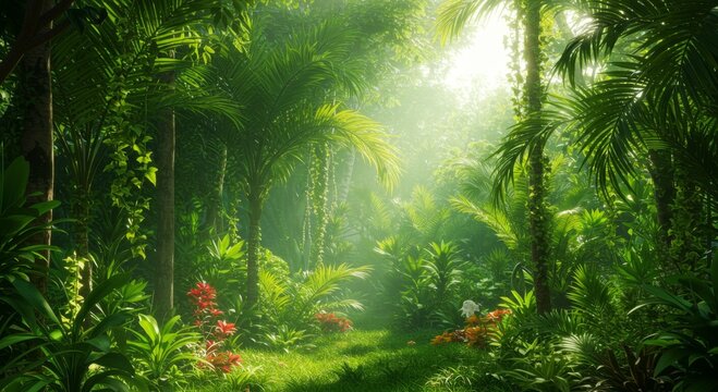 Lush Green Tropical Jungle Sunlight Path