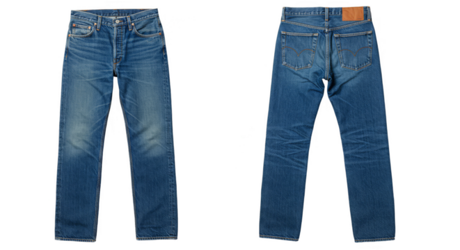 Isolated Front and Back View of Denim Jeans Against Transparent Background