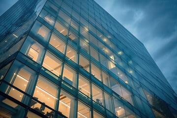 Obraz premium Softly Lit High-Tech Office Building with Glass Facade Intimate View