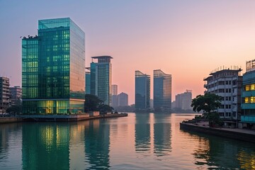 Obraz premium Serene Dawn Skyline Featuring Modern Glass Architecture by Tranquil Inlet in Dhaka Bangladesh